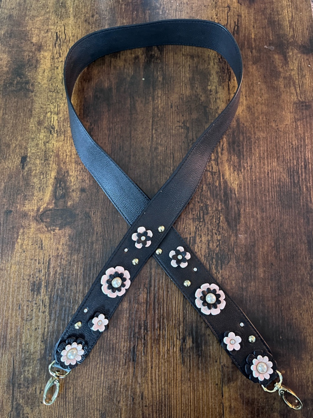 Black Floral Appliqué Leather strap - Black with Pink Accents